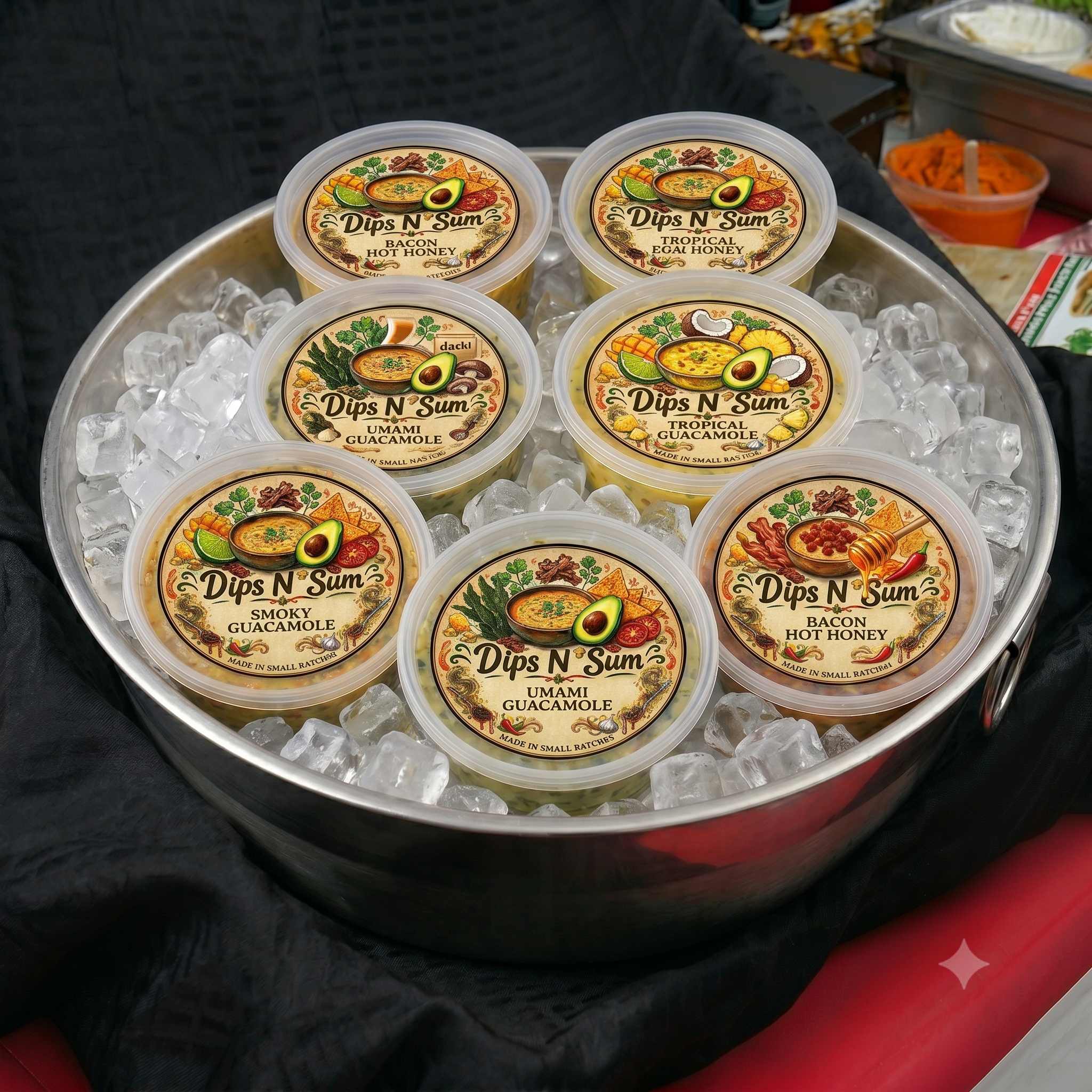 A chefs market table with colorful toppings and dips